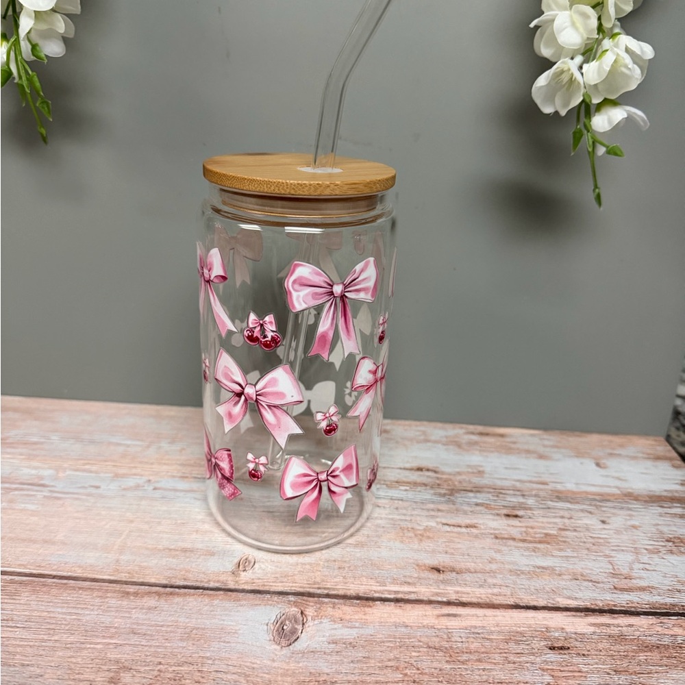 Pink Bow Glass Tumbler with Bamboo Lid